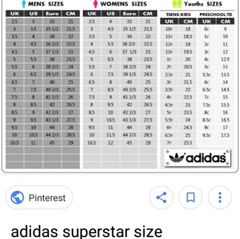 Adidas Superstar shoes size chart